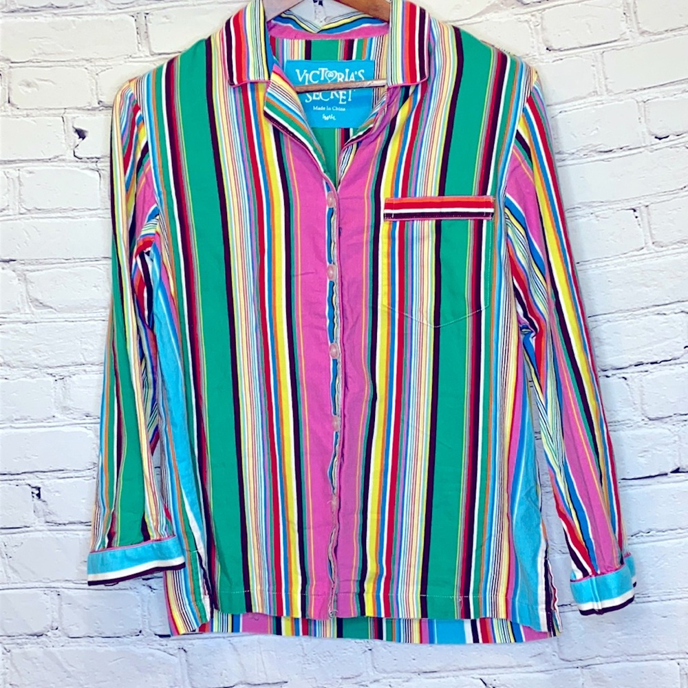 Victoria's Secret Flannel Striped Pajama Long Sleeve Top Size Small